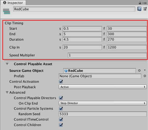 Inspector window when selecting a Control clip in the Timeline window