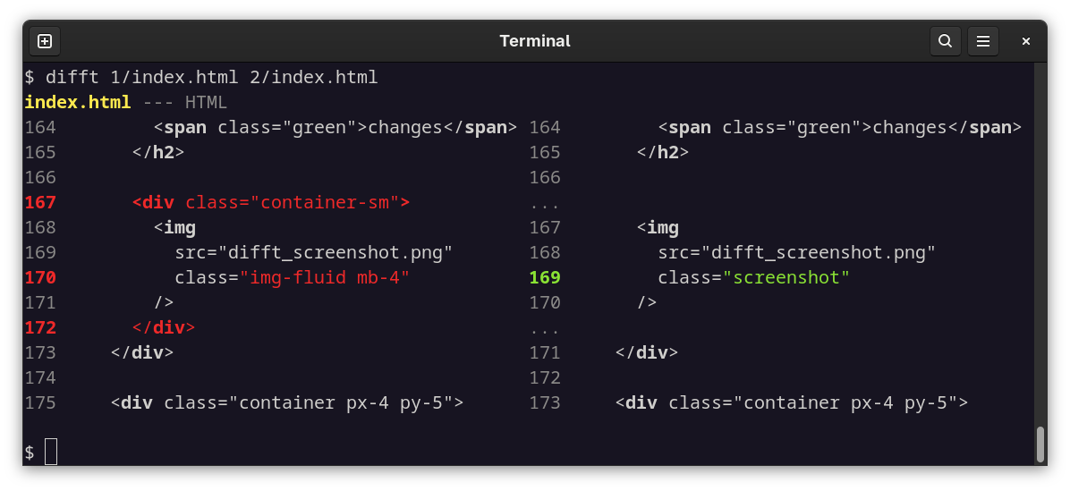 Screenshot of difftastic and HTML