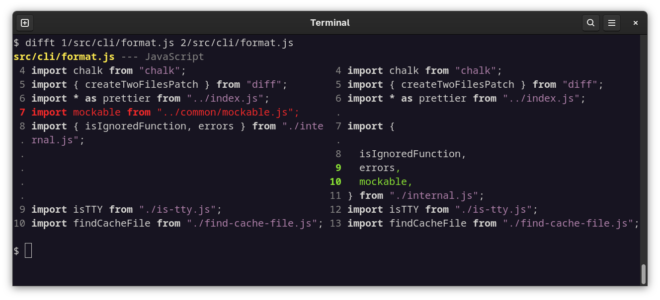 Screenshot of difftastic and JS