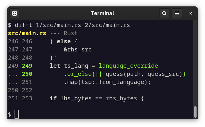 Screenshot of difftastic and Rust