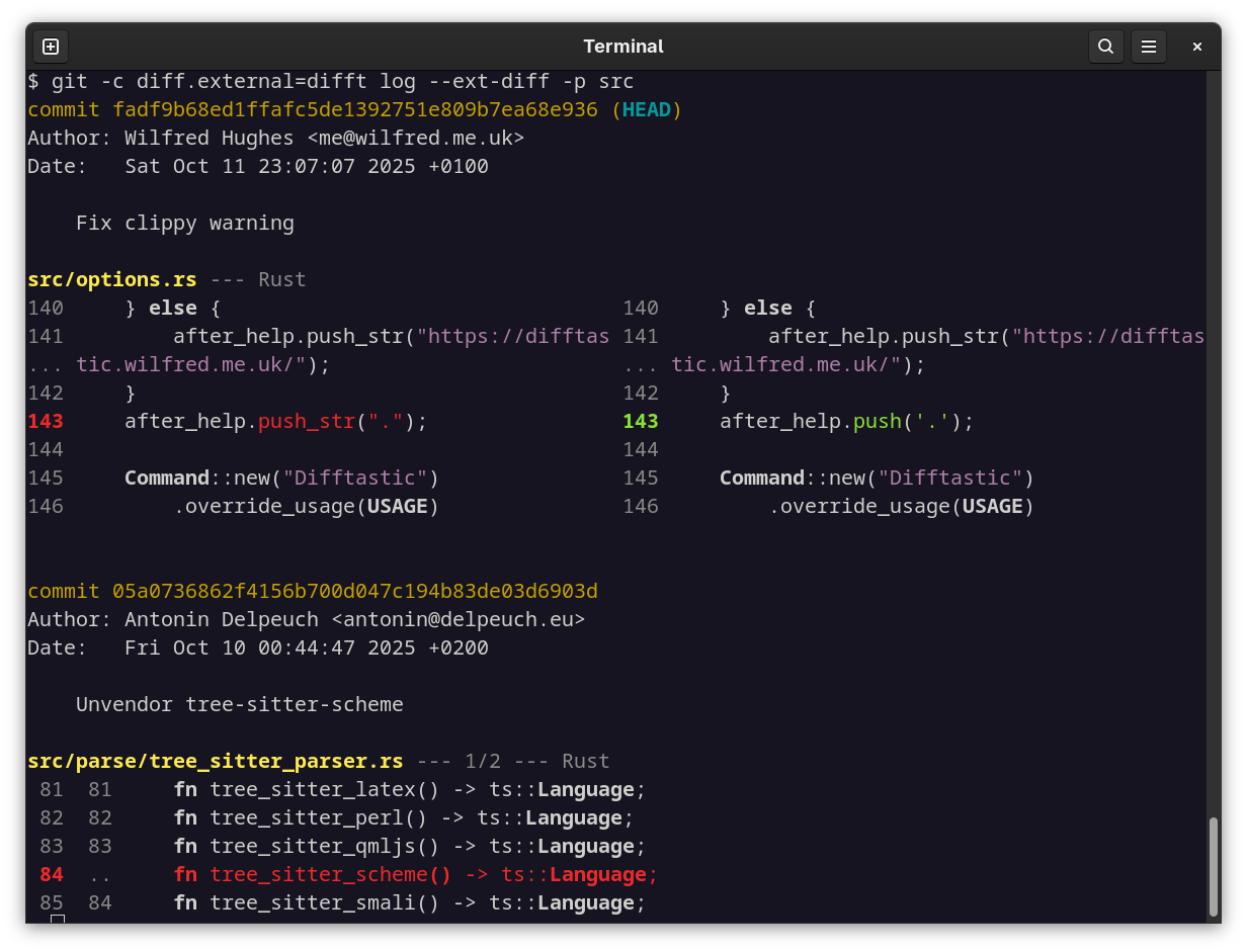 Screenshot of difftastic and git